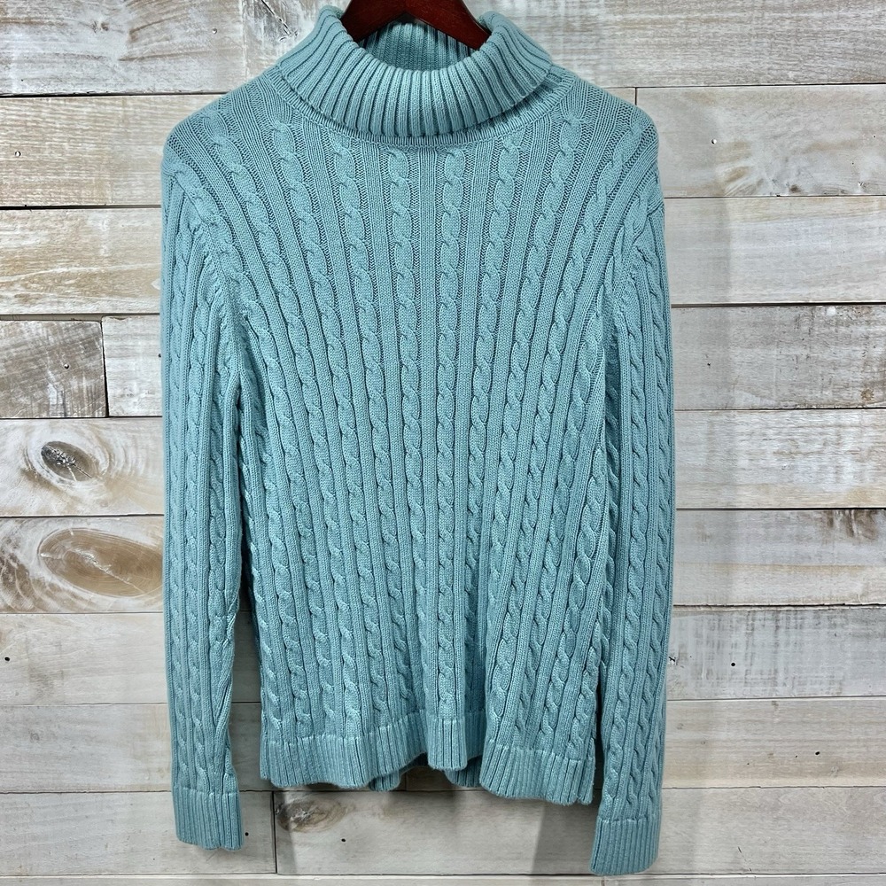 LL Bean Cable knit Sweater Womens XL Blue Turtleneck Long Sleeve Casual